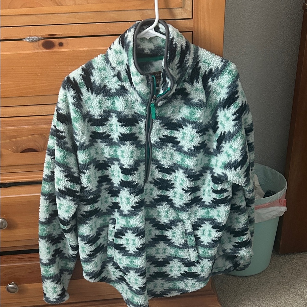 Women's Black and Green Patterned Zip-Up Jacket